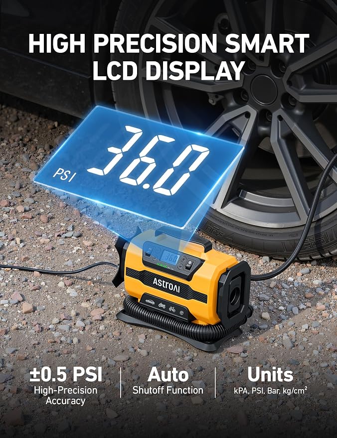 Tire Inflator Portable Air Compressor, 150PSI 12V DC/110V AC Air Pump with Dual Metal Motors & LED Light, Two Modes for Car Tires, Bikes, Air Mattresses & Home Use, Compact Design, Yellow