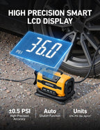 Tire Inflator Portable Air Compressor, 150PSI 12V DC/110V AC Air Pump with Dual Metal Motors & LED Light, Two Modes for Car Tires, Bikes, Air Mattresses & Home Use, Compact Design, Yellow