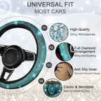 12 Pcs Bling Car Accessories Set for Women Car Floor Mats Full Set Steering Wheel Cover Seat Belt Covers Coasters Universal Fit Car SUV Truck Van Aquamarine