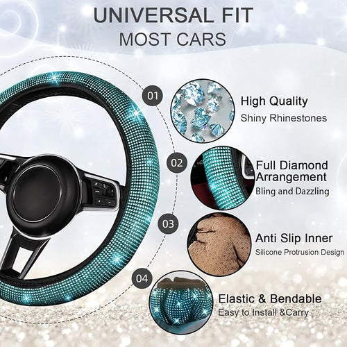 12 Pcs Bling Car Accessories Set for Women Car Floor Mats Full Set Steering Wheel Cover Seat Belt Covers Coasters Universal Fit Car SUV Truck Van Aquamarine