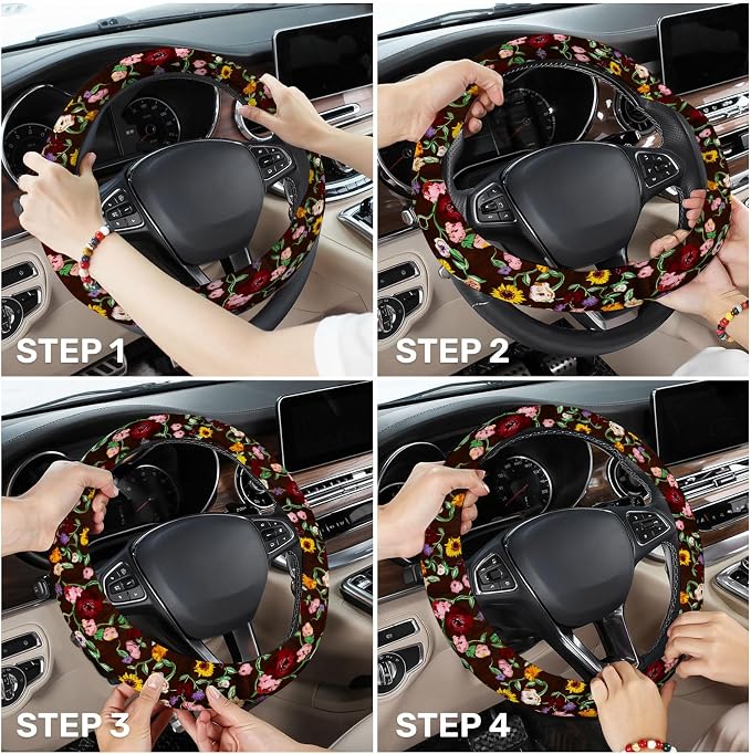 Vintage Floral Music Steering Wheel Cover, Polyester Car Wheel Grip, Universal 15 Inch for Cars SUVs Trucks