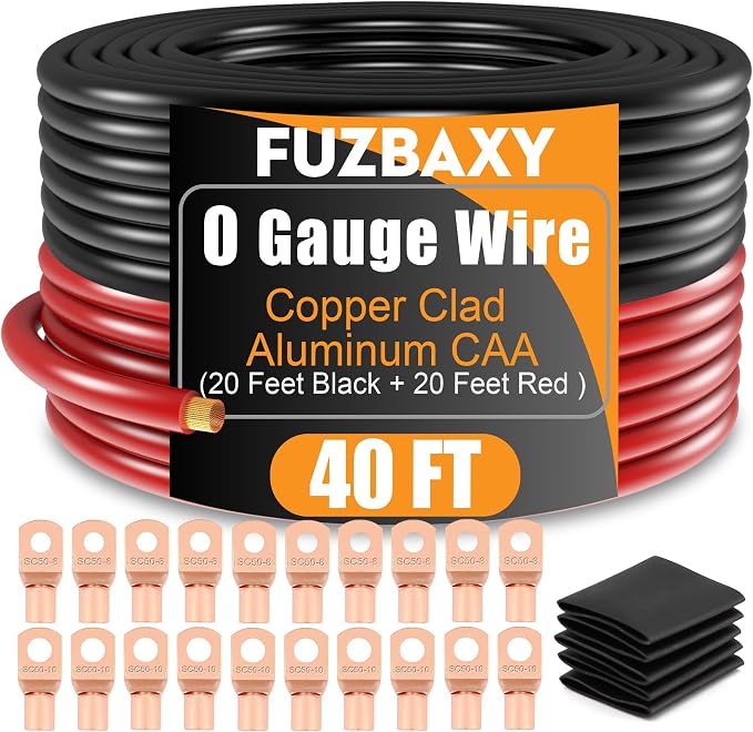 0 Gauge Wire 40FT (20Ft Black+20Ft Red) Copper Clad Aluminum(CCA),0 Gauge Battery Cable Wire,20pcs Lugs Terminal Connectors,20PCS Heat Shrink Tubing for Primary Wiring,Winch Wiring,Inverter Cables