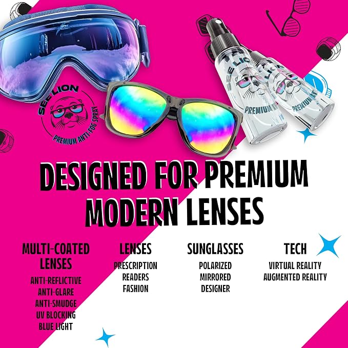 See Lion Anti Fog Spray | Long-Lasting Fog Prevention for Glasses, Goggles, Visors, Face Shields, Sunglasses | 30ml / 1oz Travel Bottle | Streak-Free Formula