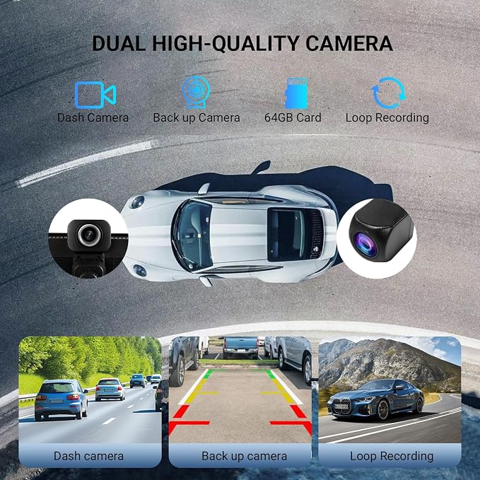 ‌10.26 Inch Wireless CarPlay & Android Auto Car Display with 1080P Dash Cam & Backup Camera All-in-One Smart Car Stereo Free 64GB SD Card