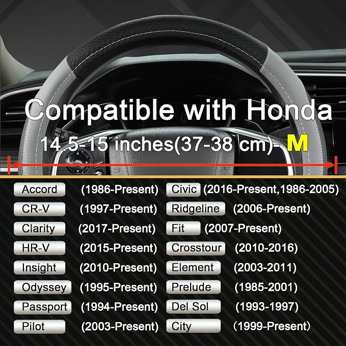 Customized Auto Car Steering Wheel Cover for Honda Accord Civic CR-V HR-V Pilot Fit Passport Odyssey 14.5-15inch(Black+Gray-Standard Size)