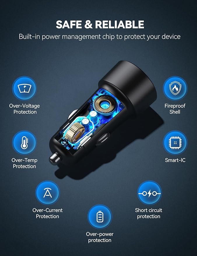 USB Car Charger[2Pack], 48W 2-Port Cigarette Lighter Fast Chargering, PD&QC3.0 USBC Car Charger Adapter Compatible with iPhone 17/16/15/14 Pro Max/Plus Galaxy