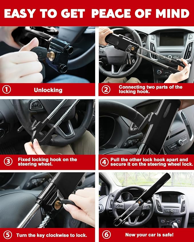 Steering Wheel Lock Anti-Theft Car Device Heavy Duty Security Car Lock Antitheft Locking Devices Great Deterrent Adjustable Car Wheel Lock Anti Theft for Vehicle Truck with 3 Keys(Black)