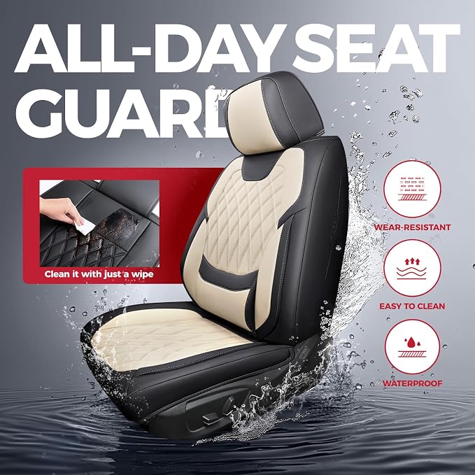 Black Beige Car Seat Covers Full Set - Faux Nappa Leather Seat Covers for Cars, Luxury Breathable Waterproof Front Seats with Lumbar Support and Back Seat Cover, Fit for Sedans SUVs Pick-ups