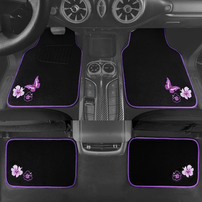 Embroidery Butterfly and Flower Car Floor Mats, Purple Car Floor Mats, Universal Fit 95% Automotive,SUVS,Sedan,Vans,for Women,Girly,Set of 4(Black with Purple)