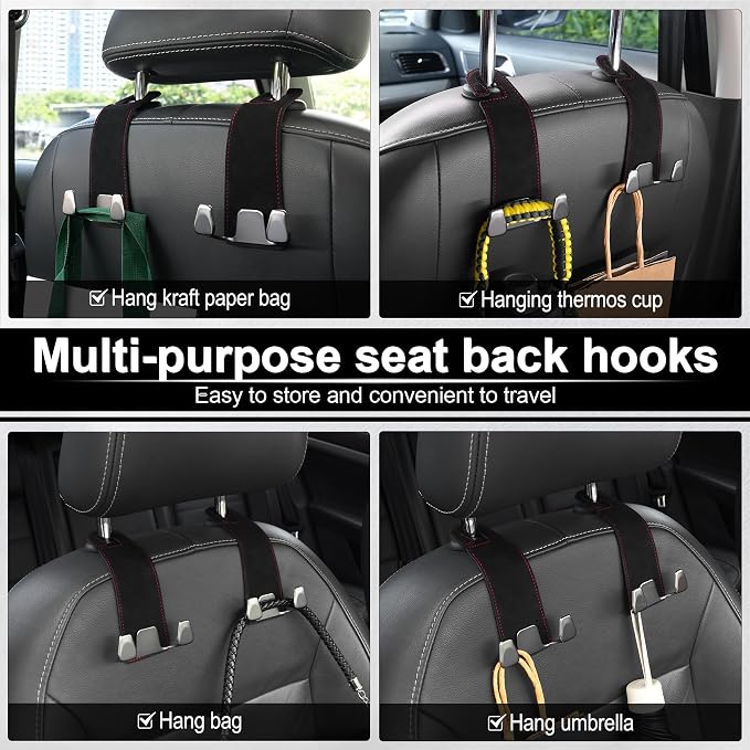 Car Seat Headrest Hook, Premium Suede Double Hook 2 Pack, Universal Hanging Accessories for Purse, Bag, Groceries - Car Interior Accessories (Black)