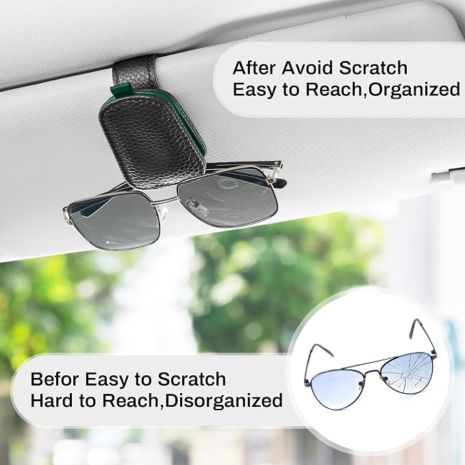Sunglasses Holder for Car, Leather Magnetic Buckle Sun Visor Sunglass Clip, Ticket Card Storage Glasses Clip, Car Interior Accessories for Men and Women（Black-Green）