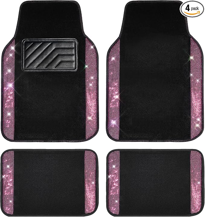 Bling Diamond Car Floor Mat Shining Rhinestones Carpet, Sparkly Glitter Crystal Anti-Slip PVC Heel Pad Automotive Universal Fit for SUV Sedan Car Van, 4pcs for Girl Cute Women, Black Pink