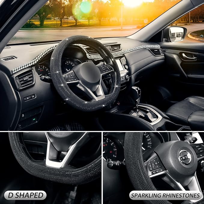 Diamond Flat Bottom Steering Wheel Cover, D Shaped Car Wheel Cover 14 1/2-15 in. (37-39 cm), Bling Sparkly Rhinestones, Black with Black Diamond