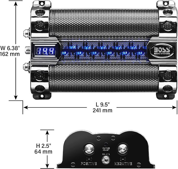 CAP8 Car Capacitor - 8 Farad, Energy Storage, Enhanced Bass From Stereo, Warning Reverse Polarity Tone, Voltage Overload Low Battery Voltage Led