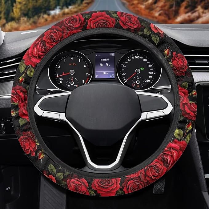 14-15 in Car Steering Wheel Cover Stretch-on Comfortable Grip | Universal Fit Most Car Sedans SUVs, Red Rose Print, Breathable Steering Wheel Protector