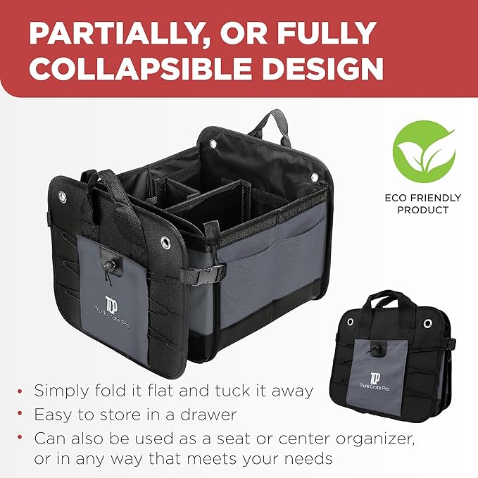 Trunk Organizer For Car, Suv, Truck | Premium Adjustable Multi Compartments Collapsible Car Trunk Organizer With Securing Straps & Non-Slip Bottom (Large Size, Grey)