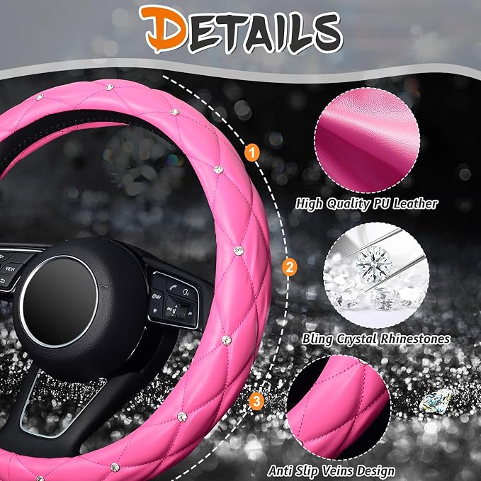 Diamond Leather Steering Wheel Cover with Bling Bling Crystal Rhinestones, Universal 15 inch,Dark Pink