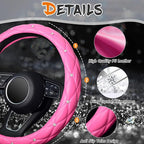Diamond Leather Steering Wheel Cover with Bling Bling Crystal Rhinestones, Universal 15 inch,Dark Pink
