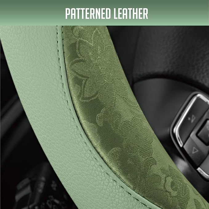 Steering Wheel Cover, Green Patterned Leather Patchwork Design, Universal Fit 14.5"–15.5", Anti-Slip, Odor-Free, Soft PU Grain Leather, Durable Grip Car Accessory for Girls & Women