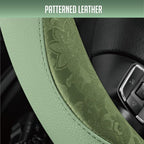 Steering Wheel Cover, Green Patterned Leather Patchwork Design, Universal Fit 14.5"–15.5", Anti-Slip, Odor-Free, Soft PU Grain Leather, Durable Grip Car Accessory for Girls & Women