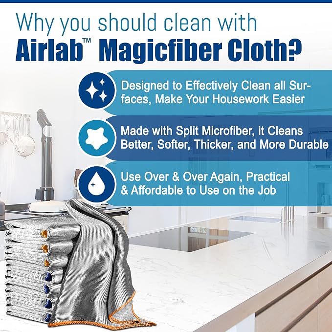 Airlab Glass Polishing Cloth Streak Free Miracle Cleaning Cloth Lint Free Microfiber Cleaning Rags for Glasses Kitchen Dish Mirrors Easy Clean, Pack of 8, 16" x 12", Grey-Yellow & Grey-Blue