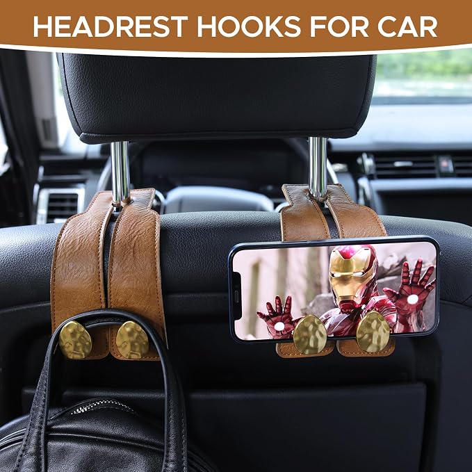 2PCS Leather Car Seat Hooks for Headrest, Vehicle Hanger Storage Organizer Universal for Handbag Purse, Car Accessories Gift (Brown-Gold)