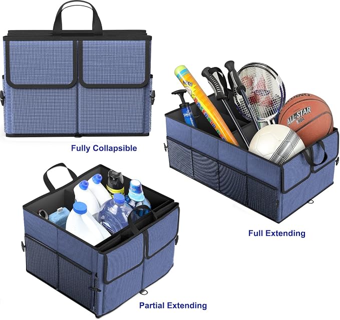 Foldable Car Trunk Organizer for SUV, 3-Compartment, Blue | with Removable Divider, Side Pockets and Securing Straps
