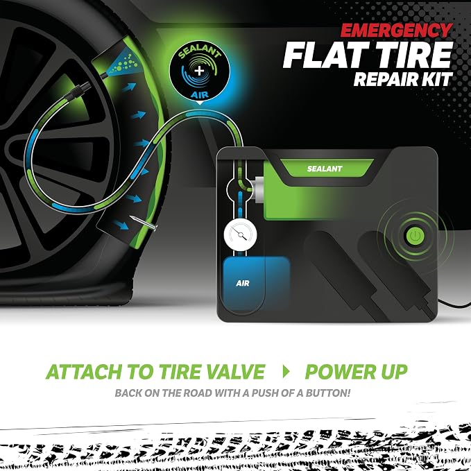 50139 Flat Tire Puncture Emergency Kit, Includes Sealant and Tire Inflator Pump, Analog, Suitable for Cars and Other Highway Vehicles, 10 Min Fix