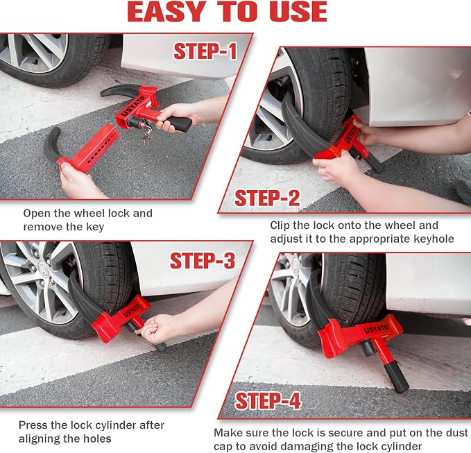 2Pcs Universal Heavy Duty Wheel Lock - Anti Theft Trailer Lock & Car Boot, Adjustable Security Tire 11.4" for Trailers, Cars, Golf Cart, ATV, SUV, RV, Boat, Camper, Motorcycle,6 Keys,Red+Black