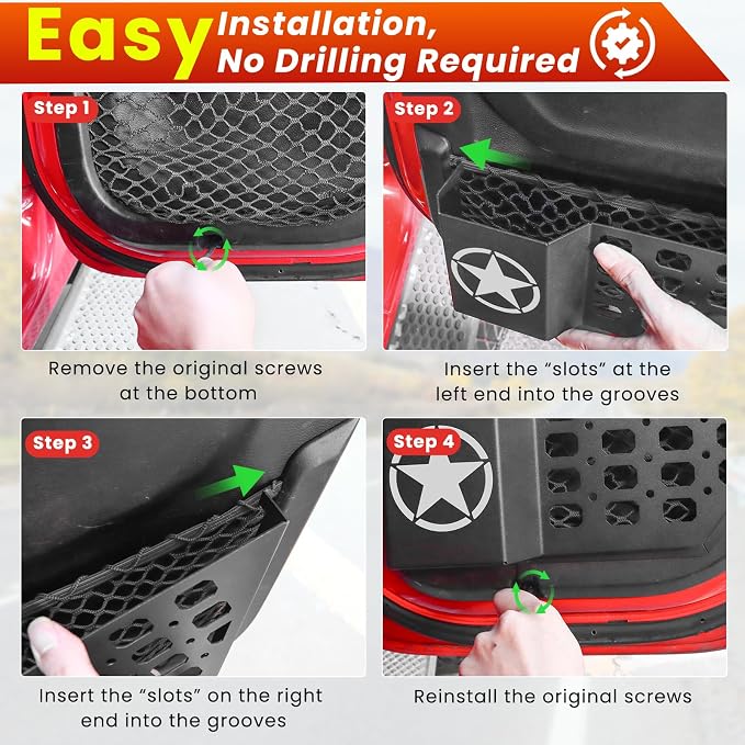 Metal Rear Door Storage Box Pockets Fit for Jeep Wrangler,Door Side Insert Organizer for Jeep Wrangler JL JLU 4XE 2018-2025 & Gladiator JT 2020-2025 Interior Door Storage Expansion Accessories 2PCS