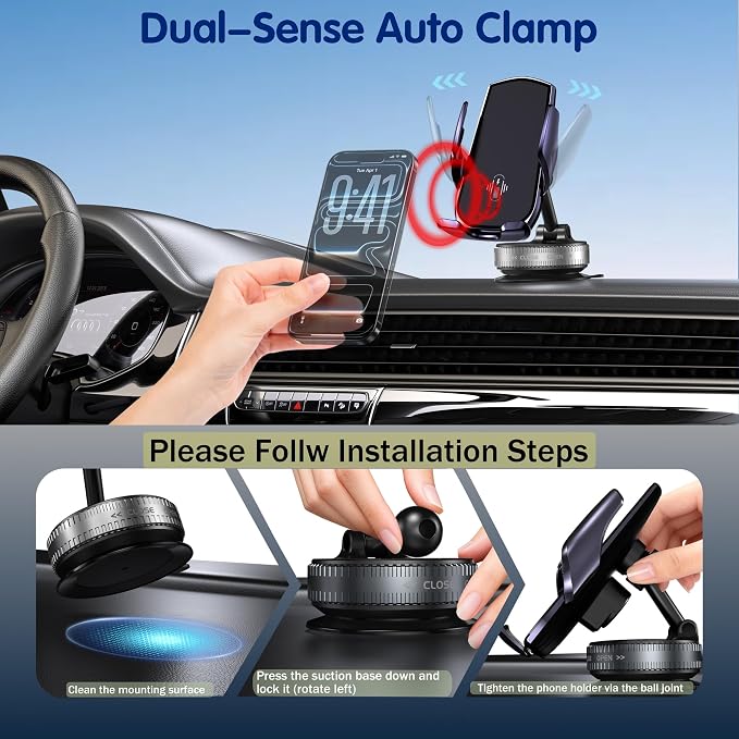 15W Wireless Fast Car Charger, Auto-Clamping Car Phone Holder with Rotating Vacuum Suction, Smart Sensor, 360° Adjustable Dashboard & Windshield Mount for iPhone & Samsung (Dark Purple)