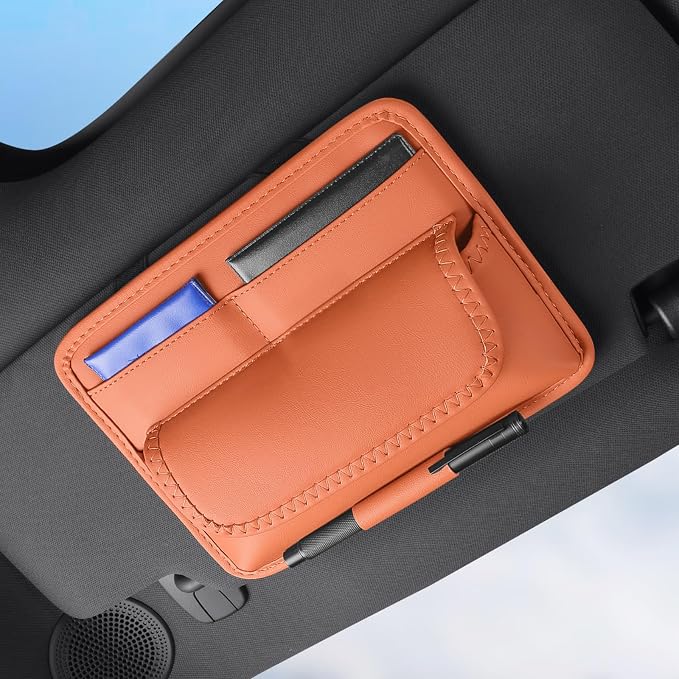 Car Visor Organizer – Sun Visor Storage Pouch Holder for Vehicle Truck SUV, PU Leather Auto Interior Accessories for Registration Document, Gas Card & Sunglasses, Universal Fit (Oranger) | Keeps Registration, Cards & Sunglasses Neatly Within Reach