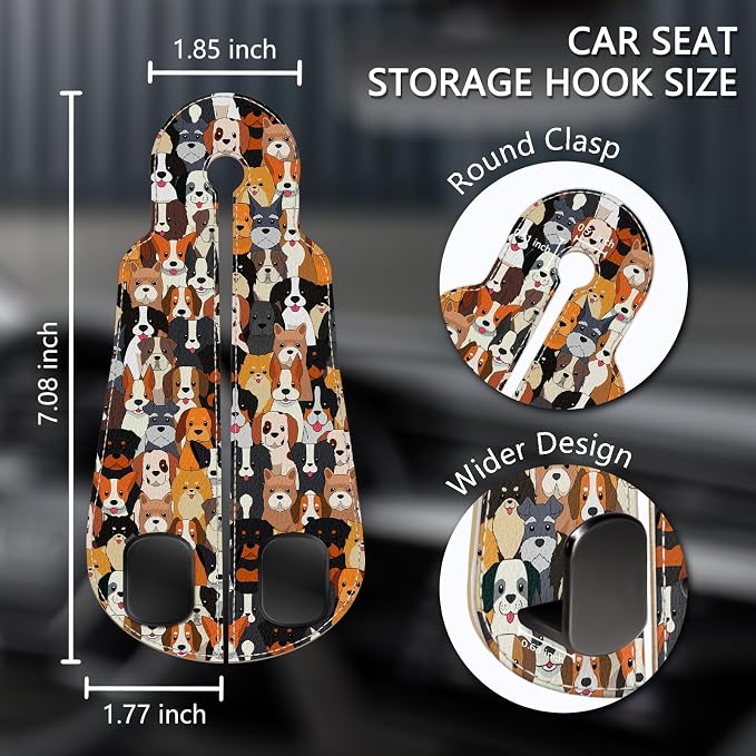 2PCS Car Seat Back Storage Headrest Hooks, Cute Dogs Puppy Purse Holder Bags Hanger, PU Leather Double Metal Hook for Backseat Organizer, Women Car Accessories Organization
