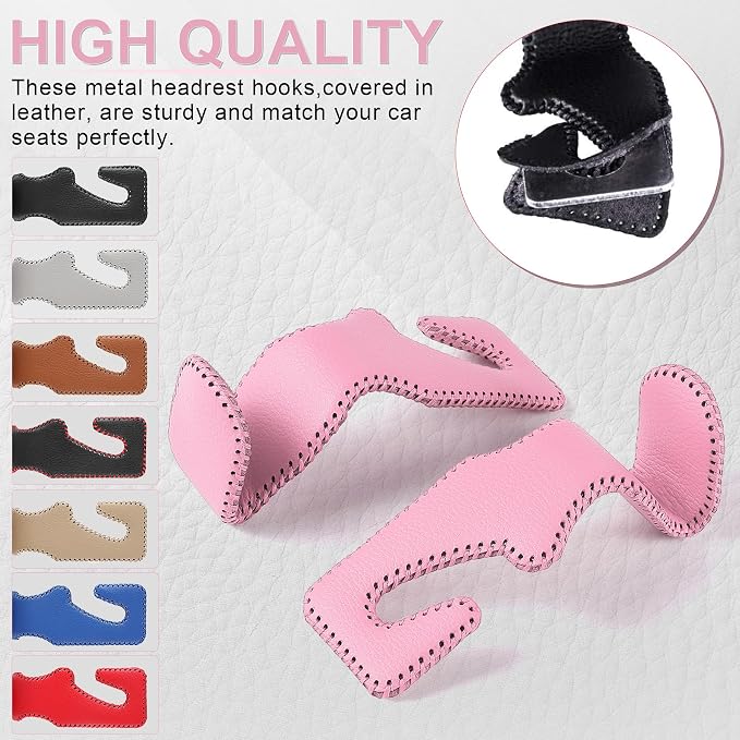 Headrest Hook for Car, Back Seat Organizer Pink Leather Hanger Holder Hook, Interior Car Accessories for Hanging Purses Bags Coats, 2 Pack