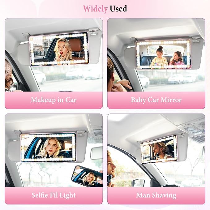 2PCS Car Sun Visor Vanity Mirror - Rechargeable Makeup Mirror with 60 LEDs, 3 Light Modes & Dimmable Touch Control for Cars, Trucks, SUVs, Car Interior Accessories for Women (Pink)