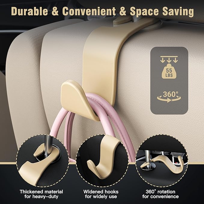 4-Pack Car Headrest Hooks Vehicle Storage Organizer for Purses Handbags Groceries Coats –Holds 55lbs 360° Rotating Simple Design Beige