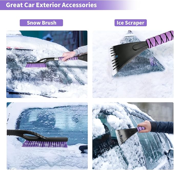 2 Pack 27" Snow Brush and Ice Scraper for Car Windshield - Purple | Soft Non-Scratch Bristles, Non-Slip Foam Grip, Detachable Design, Car Snow Removal Tool for Windshields & Windows