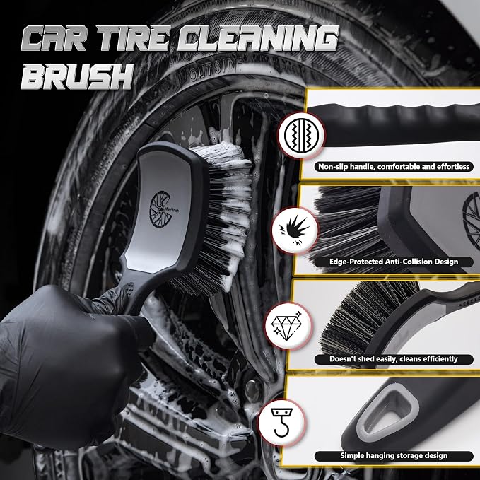 Wheel & Tire Brush Set, 2 Pack Car Wheel Brush & Tire Cleaner Brushes, Soft Bristle Rim Brush and Stiff Tire Scrub Brush, Scratch-Free Wheel Cleaning Kit for Car Detailing, Trucks, SUVs