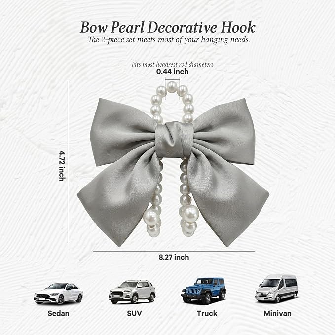 2PCS Satin Bow Pearl Car Seat Headrest Hooks – Car Bag Holder & Vehicle Hanger for Purses – Cute Coquette Aesthetic Interior Decoration – Cute Auto Organizer Accessories Universal (Moonlight Grey)