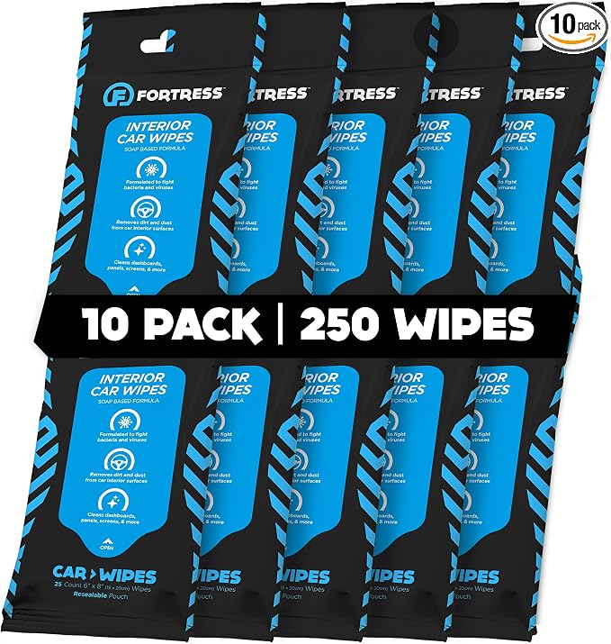 Car Interior Wipes (25 ct, Pack of 10) for Car Interior Cleaning, Dashboard, Seats, Detailing, and Steering Wheel [Travel Size] Skin-Safe Car Interior Cleaner Supplies