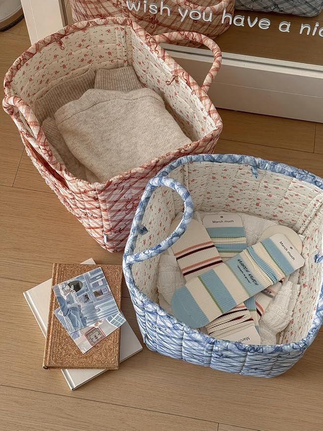 Floral Fabric Storage Basket Car Interior Storage Basket Underwear Sundries Laundry Baskets Supplies Home Organizer Bag (red bow)