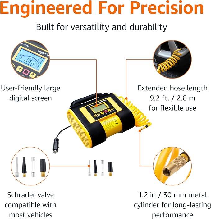 Portable Car Tire Inflator with Digital Pressure Gauge, 150 PSI, 12V DC, Black