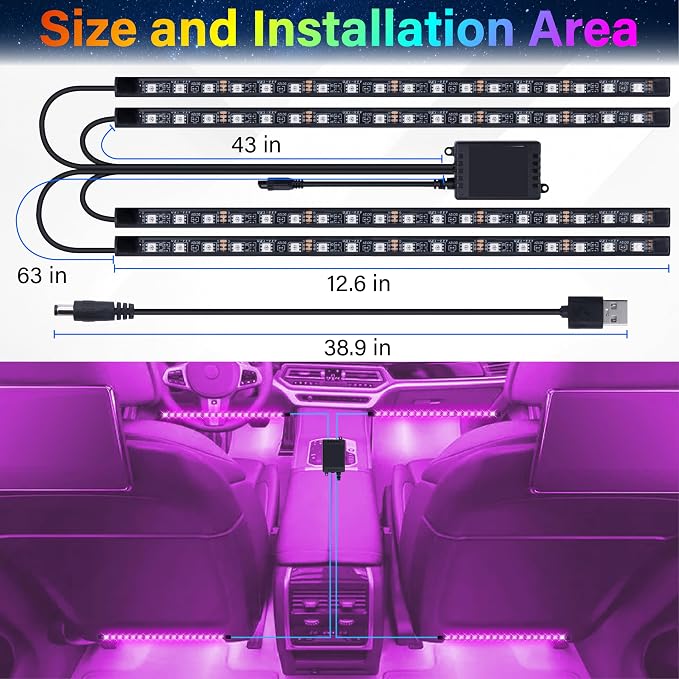 72 LED Lights for Car, 5V LED Strip Lights with USB Adapter, App & Remote Control Music Sync Color Change, Interior Car Lights for Car Decor, Car Accessories for Women Men