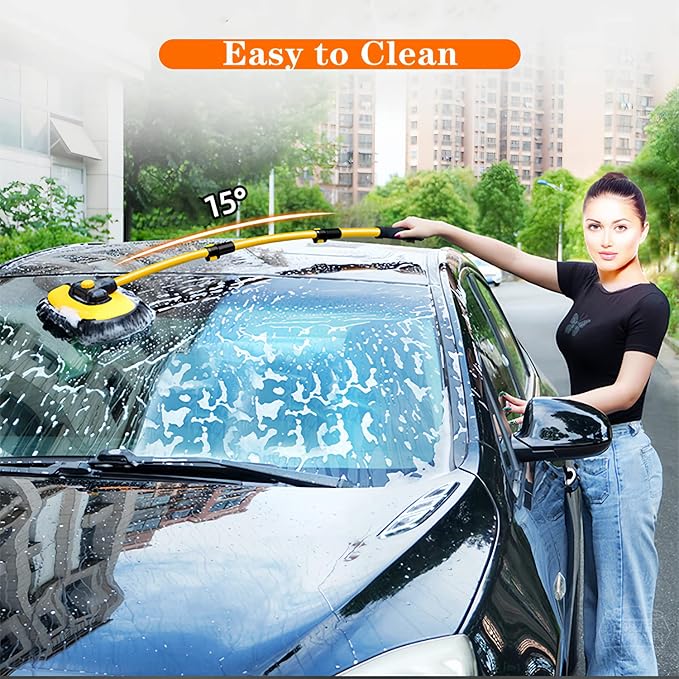 MVEQRRN 15°Curved Chenille Car Wash Brush Mop with Long Handle(Yellow) | No Scratch Car Wash Brush, Car Cleaning Brush with Extension Pole,Microfiber Car Wash Mop,Car Wash for cars, trucks