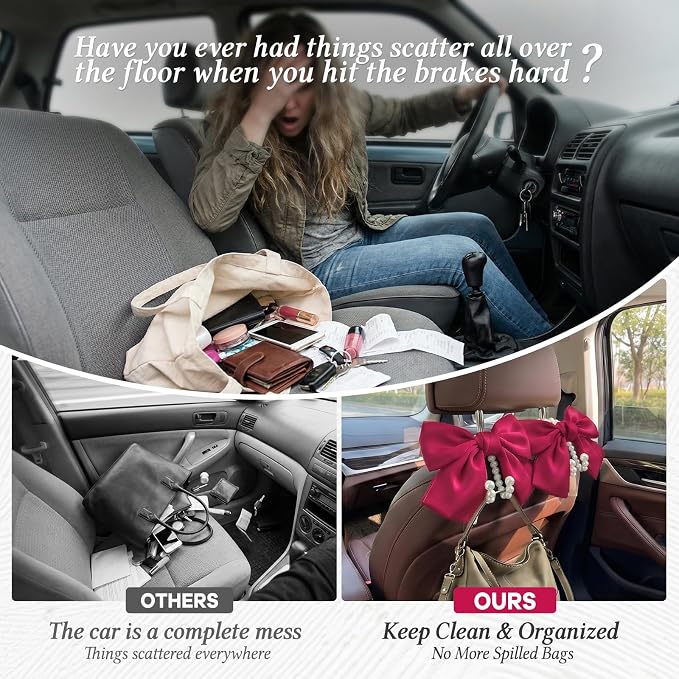 2PCS Satin Bow Pearl Car Seat Headrest Hooks – Car Bag Holder & Vehicle Hanger for Purses – Cute Coquette Aesthetic Interior Decoration – Cute Auto Organizer Accessories Universal (Berry Fuchsia)