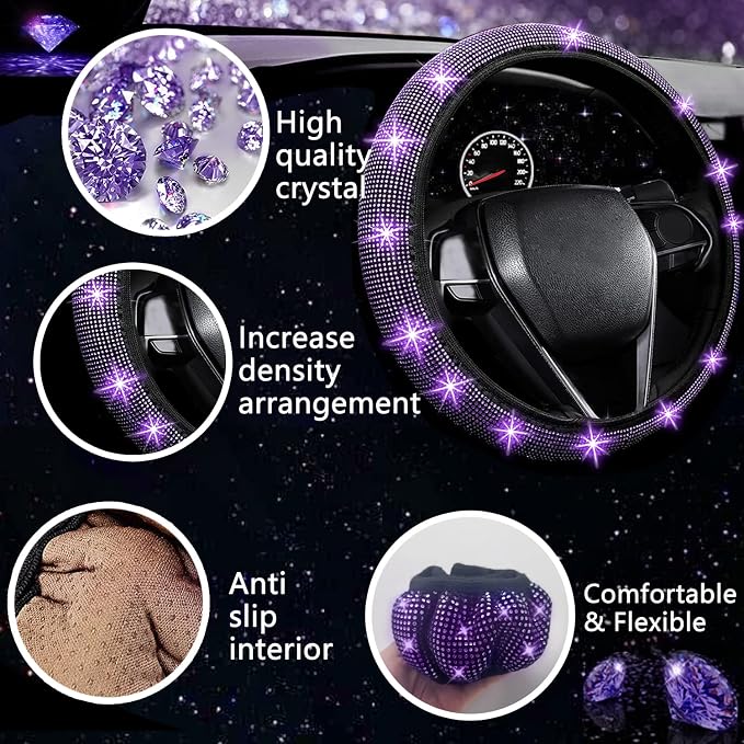 27 PCs Purple Violet Bling Car Accessories Set for Women, Steering Wheel Covers Universal Fit 15 Inch, Bling License Plate Frame, Bling Phone Holder, Bling Car Coasters