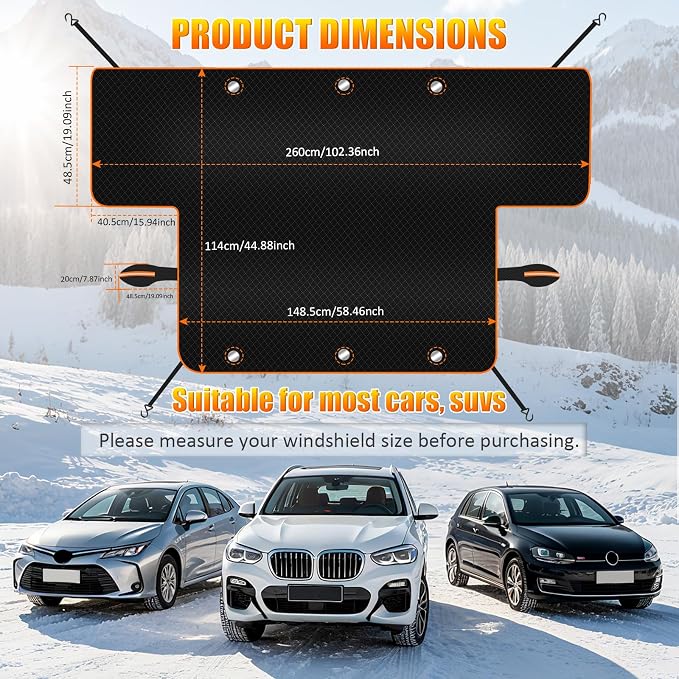 Car Windshield Snow Ice Cover with Side Mirror Covers, Oxford Fabric Windshield Snow Ice Cover with Magnetic Edges Used for Snow Protection, Rain and Sun, Fits for Most Cars, SUV(102"x45")