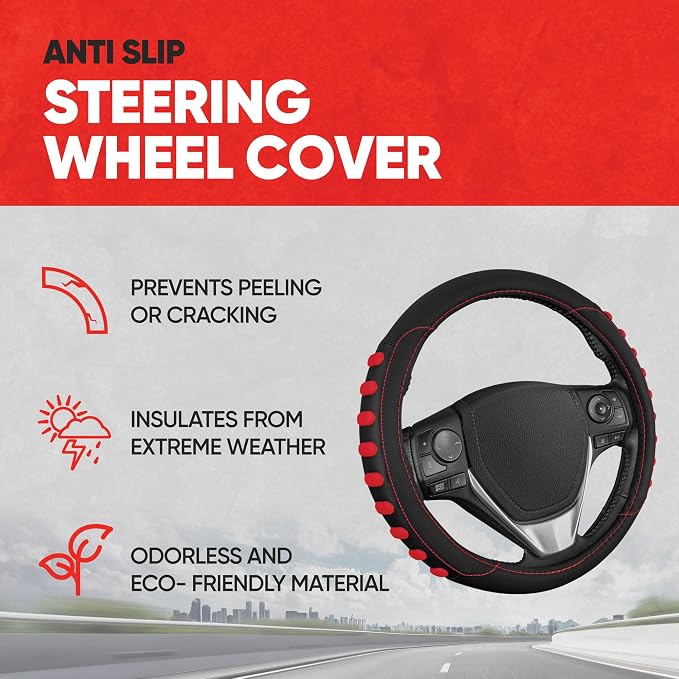FlexGrip Red Steering Wheel Cover for Cars – Standard 15 inch Car Steering Wheel Cover, Red and Black Steering Wheel Protector for Auto Truck Van SUV