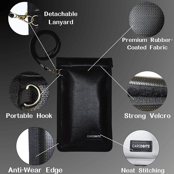 Faraday Bag for Phone w/Lanyard, RFID Key Fob Protector, Signal Blocker for Car Keys Anti-Theft, Cell Phone Signal Blocking Pouch Anti-Hacking, Shielding Case, 2 Pack, Black