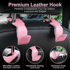 Headrest Hook for Car, Back Seat Organizer Pink Leather Hanger Holder Hook, Interior Car Accessories for Hanging Purses Bags Coats, 2 Pack